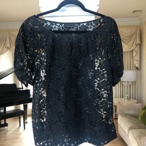 Black Floral Mesh Rouched Sleeve Top